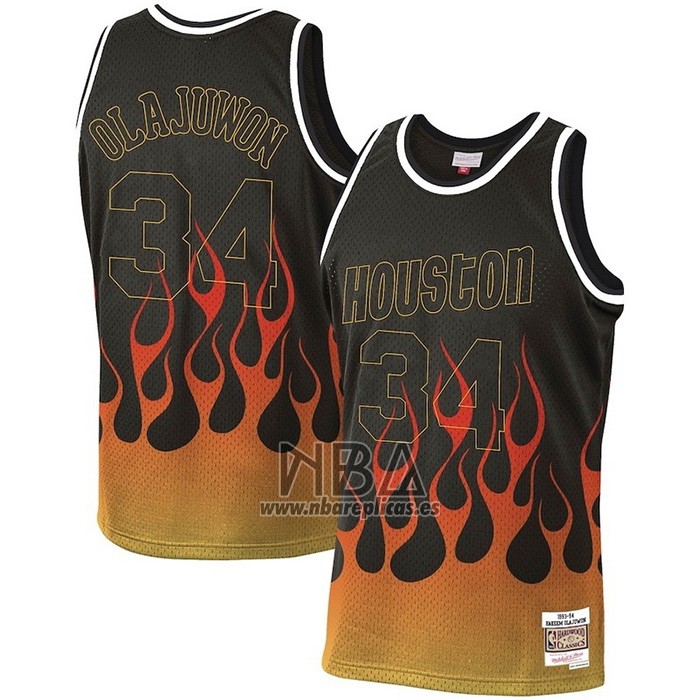Camiseta Houston Rockets Hakeem Olajuwon Flames NO 34 Negro
